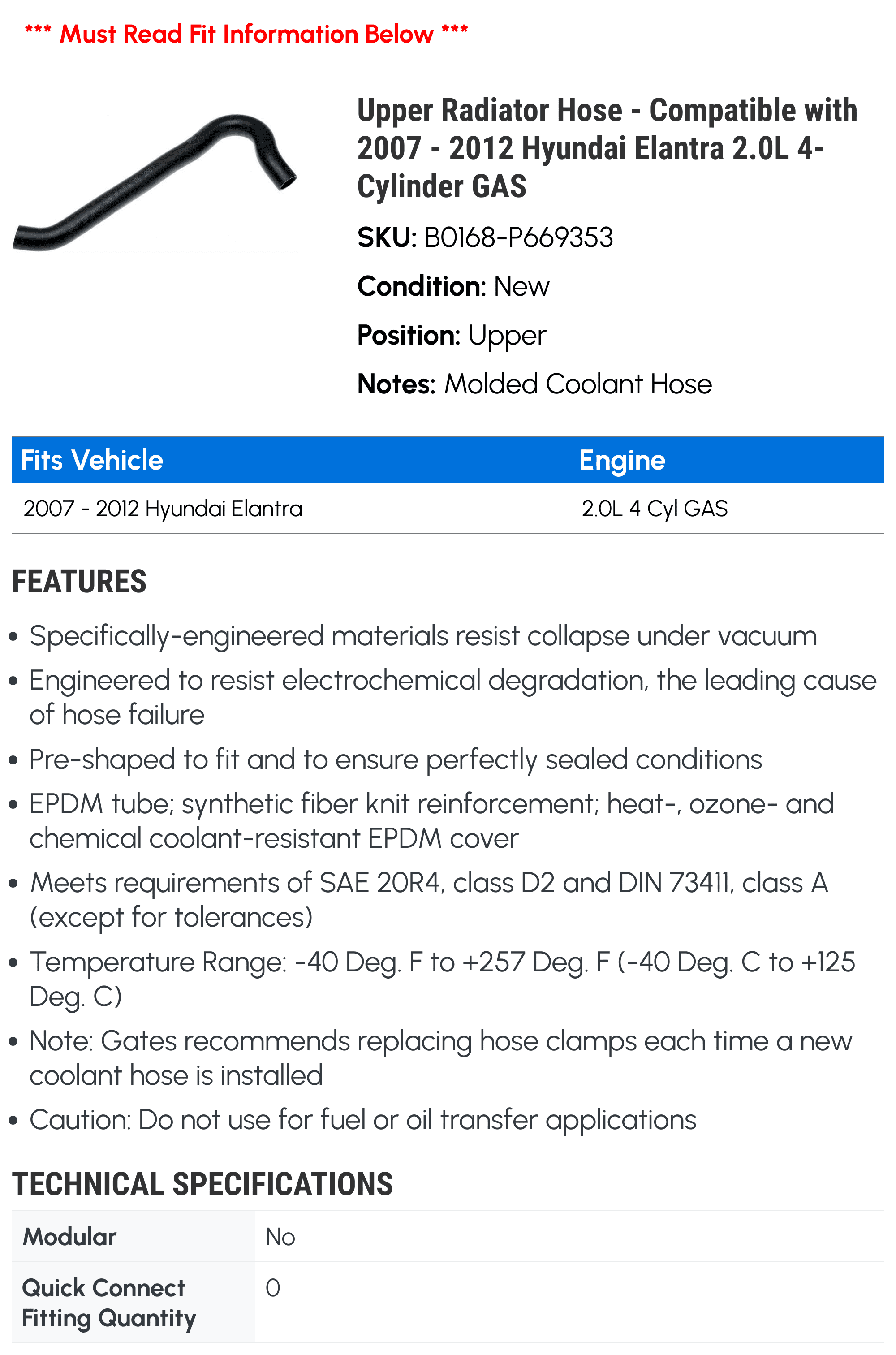 Upper Radiator Hose - Compatible with 2007 - 2012 Hyundai Elantra 2.0L 4-Cylinder GAS 2008 2009 2010 2011
