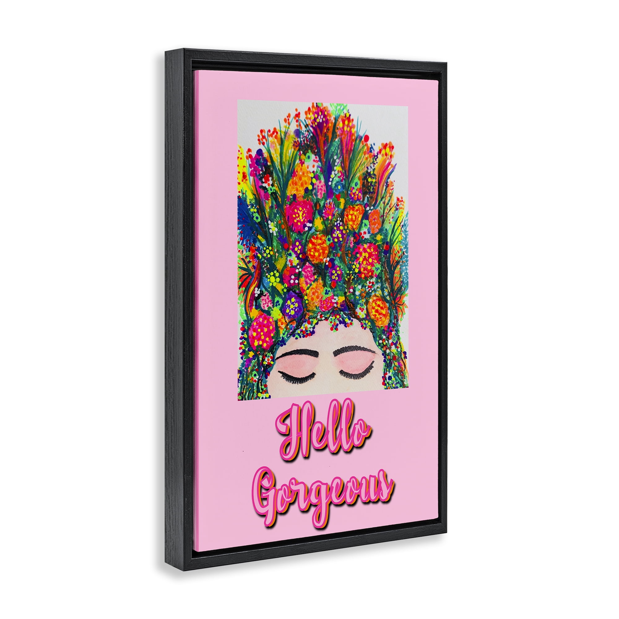 Stupell Industries Hello Gorgeous Floral Woman Black Framed Floater Canvas Wall Art, design by Pooja Dave