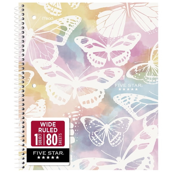 Five Star 1 Subject Wide Ruled Notebook Plus Study App, 8" x 10.5", Pastel Butterfly, Poly, Spiral, 80 Sheets