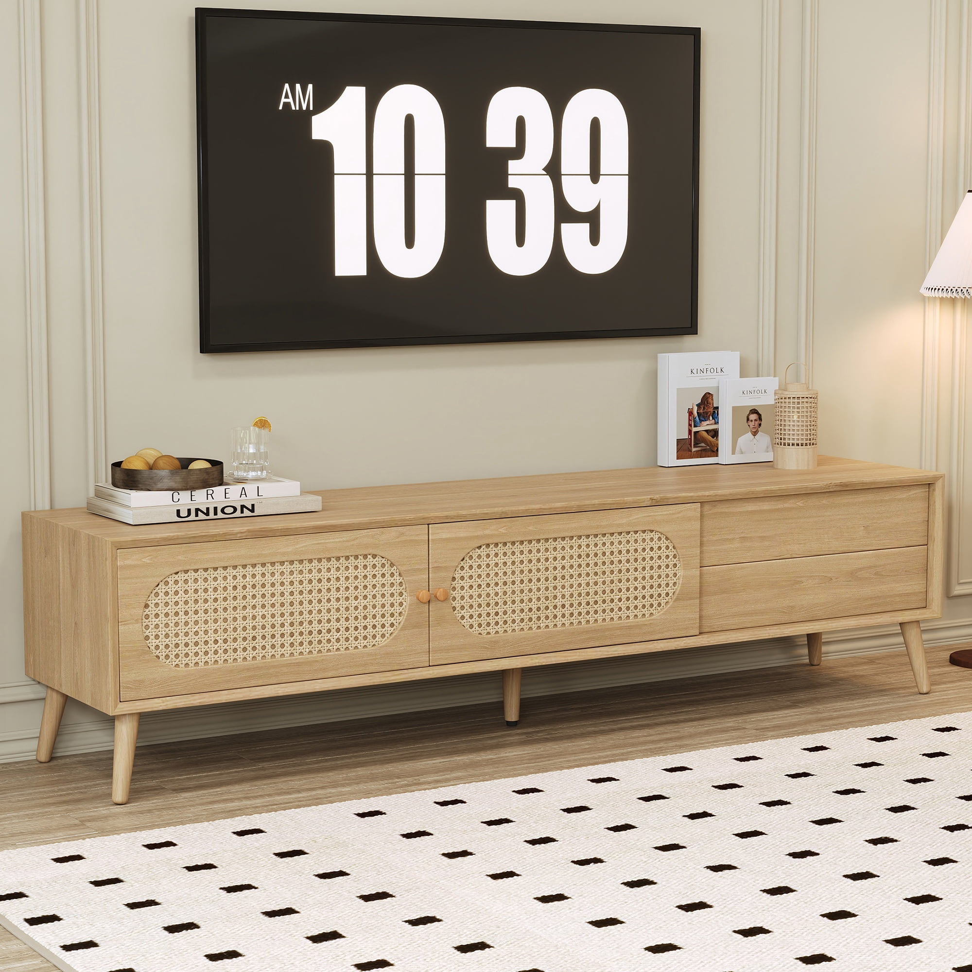 Paproos TV Stand for TVS up to 80", Modern Farmhouse Entertainment Center with Drawers, Storage Shelves, TV Console with Solid Wood Legs, TV Media Cabinet for Living Room, Bedroom, Natural