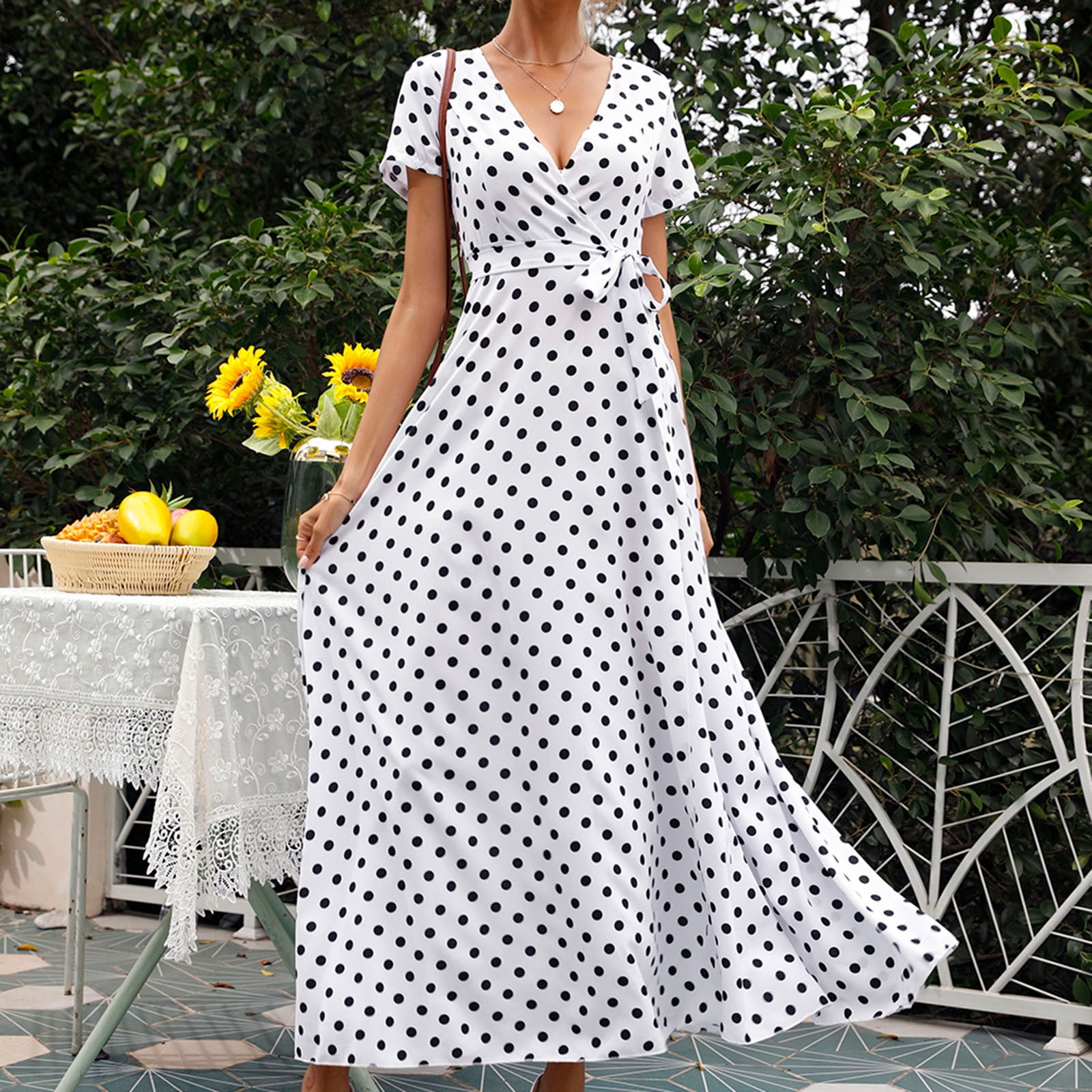 USSUMA Sun Dresses Women Casual Short Sleeve High Slit Belted Pleated Swing Long Summer Dresses Polka Dot Flowy Sundress for Women Beach Vacation V Neck Maxi Women's Shirt Dress