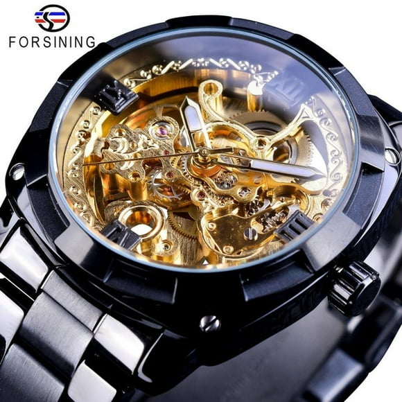 FORSINING Quality Men Skeleton Automatic Winding Mechanical Watches Gold Stainless Steel Waterproof Wristwatch Montre Uhr with Gift Box