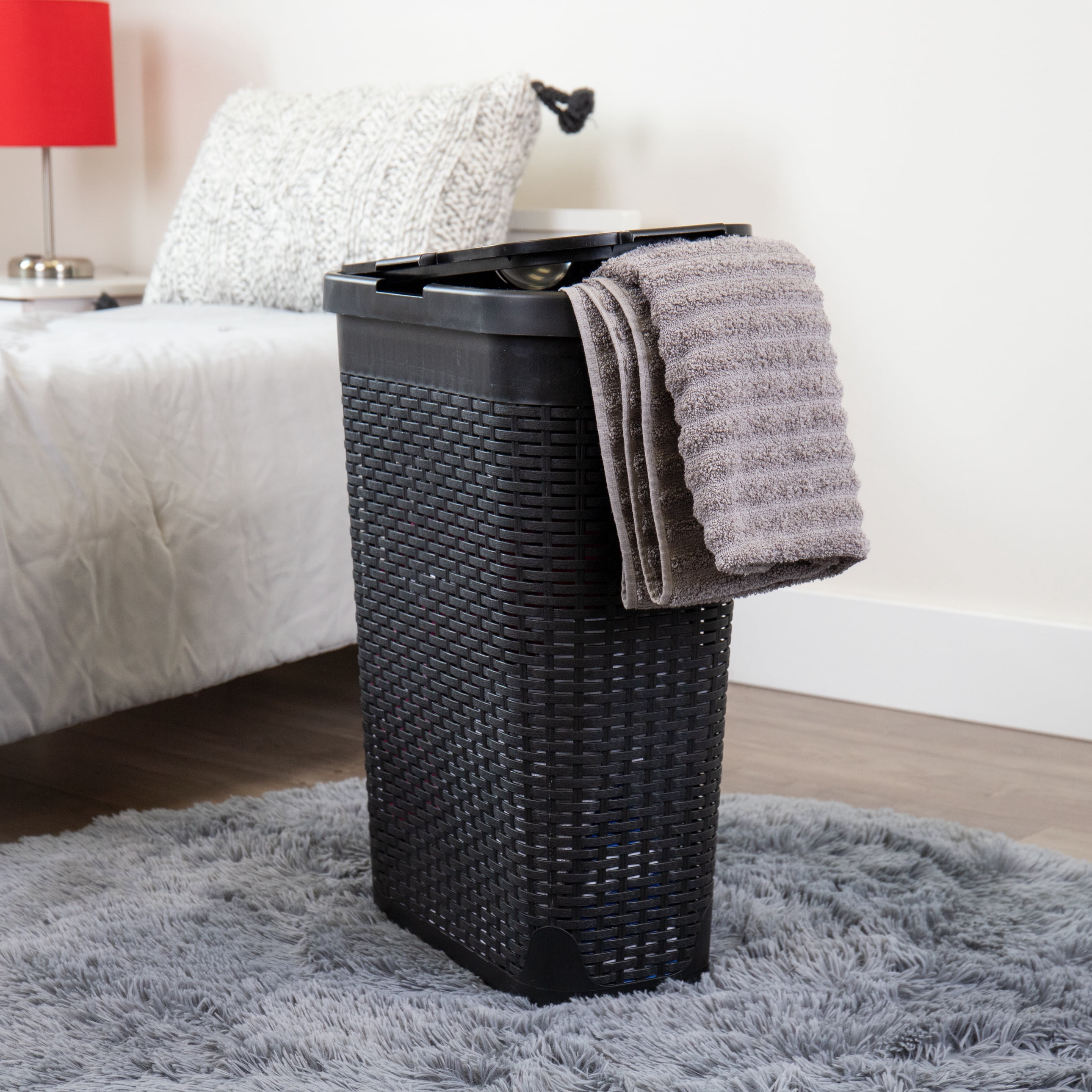 Mind Reader 40L Slim Laundry Hamper, Clothes Basket, Lid, Wicker Design, Plastic, 18"L x 10.4"W x 23.5"H, Set of 3, Black