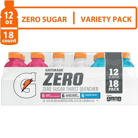 Gatorade Zero Sugar Thirst Quencher Variety Pack, Berry/Glacier Cherry/Glacier Freeze Sports Drinks, 12 fl oz, 18 Count Bottles