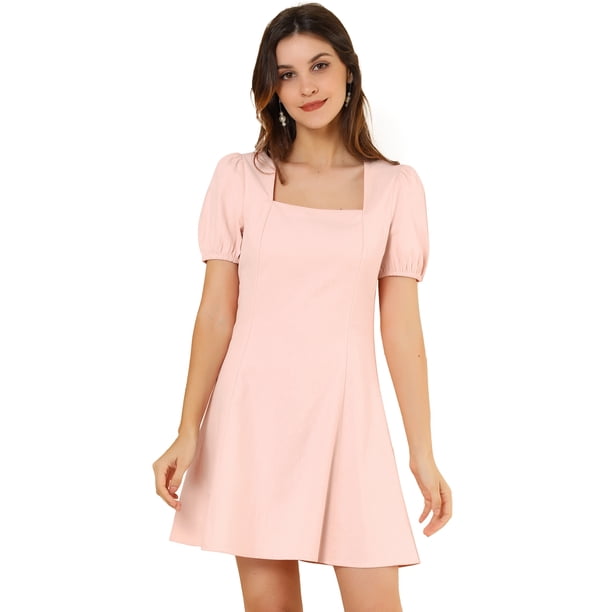 Vestidos Elegantes De Cuello Cuadrado Para Mujer Vestido Corto De Una Línea De Manga Abullonada De Algodón De Color Sólido Rosa S