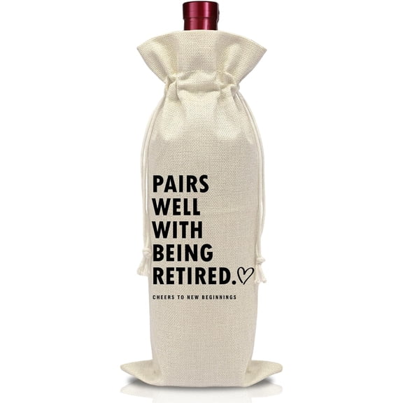 1pcs Retirement Wine Bottle Gift Bag - Pairs Well with Work Gifts - Burlap Reusable Wine Bags with Drawstring - New Beginnings Gift Decorations - Meaningful Present Ideas-A28
