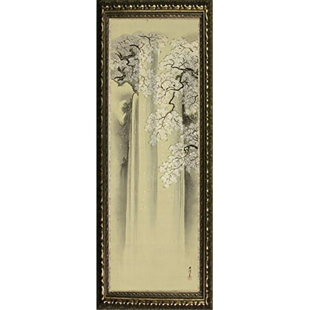 Famous Flower - buyartforless FRAMED Waterfall And Cherry by Kano Eisenin Michinobu 36x12 Art Print Poster Famous Painting Japanese Flower Tree Design From Museum of Fine Arts Boston Collection