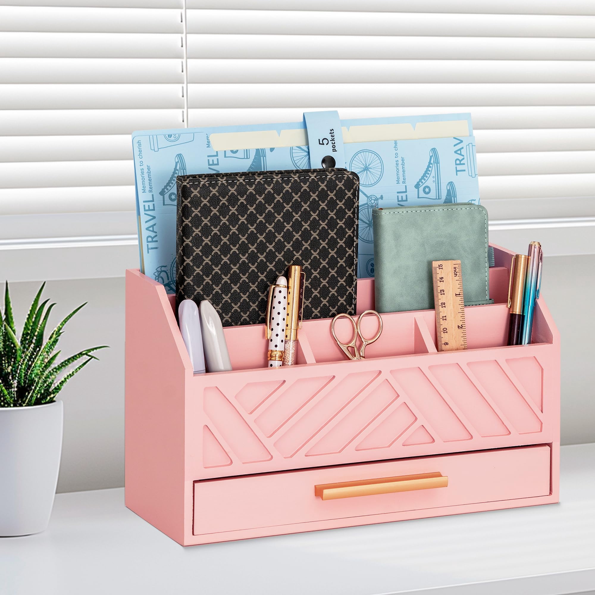 Brown Wood Desk Organizer and Accessories with Drawer, Bill Mail Organizer and File Mail Holder for Office Supplies, Modern Desk Accessories & Workspace Organizers for Desk Organization