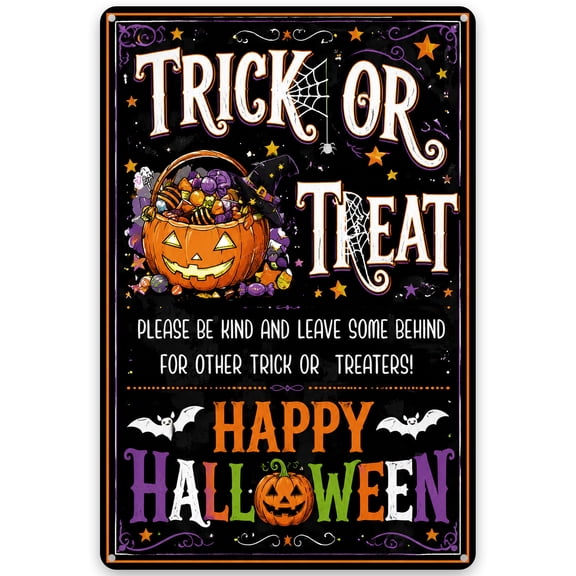 Halloween Metal Wall Decor Sign for Home - Trick or Treat Pumpkin Design with Spooky Bat and Spider Theme, 8x12 Inch, Easy Hanging, Vintage Rustic Indoor/Outdoor Decoration