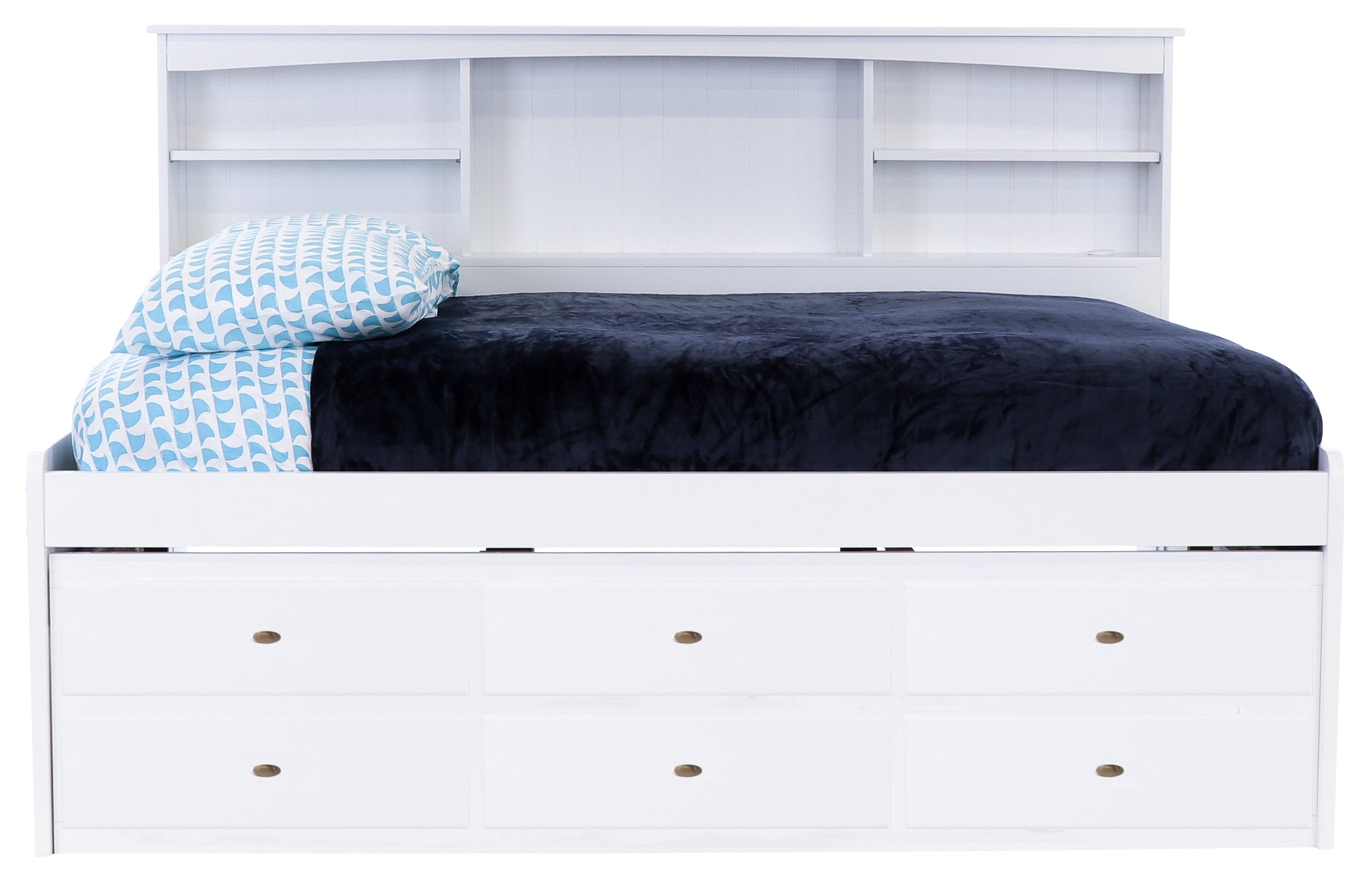 OS Home and Office Furniture Solid Pine Full Bookcase Daybed with Six Drawers in Casual White