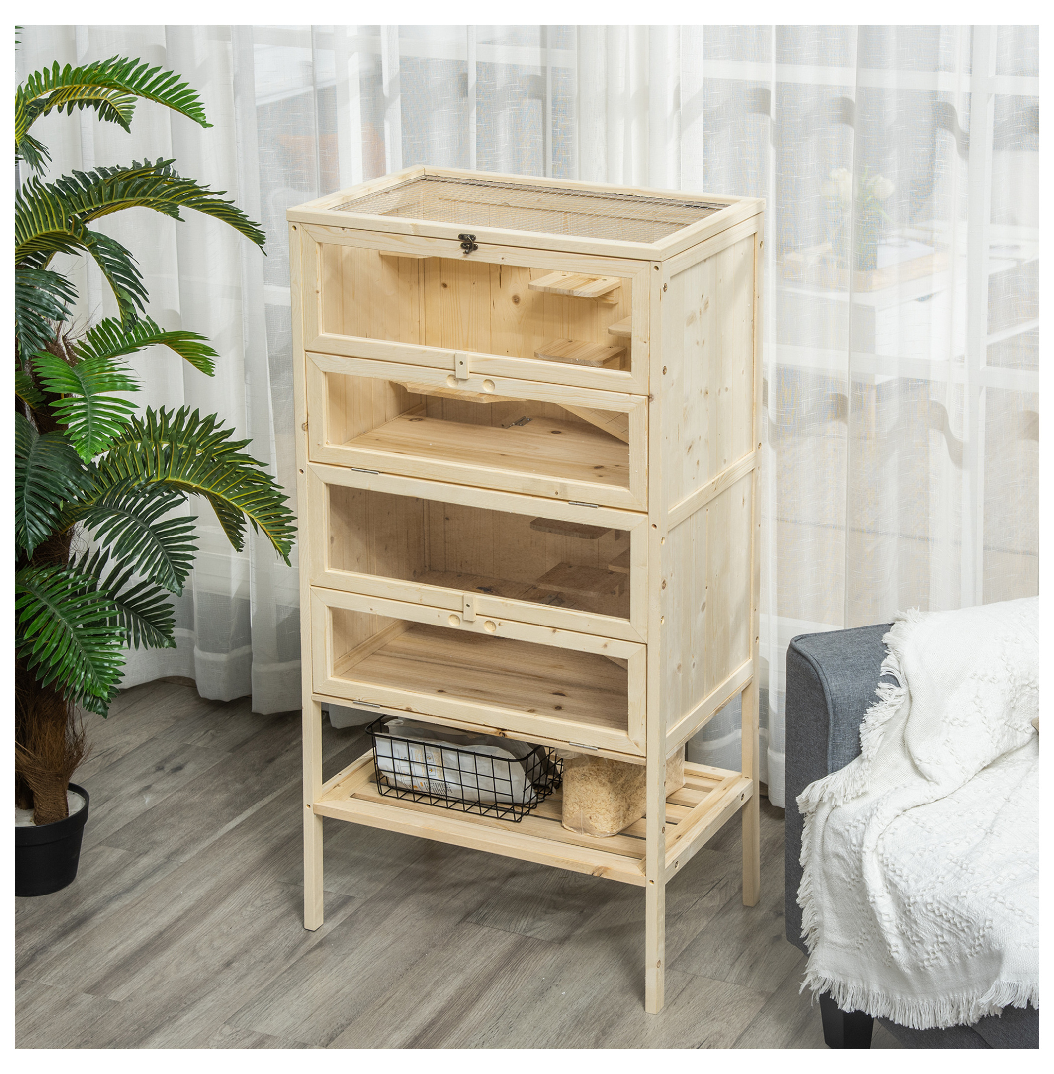 Hamster Cage 5-Tier Wooden Habitat, Mice & Rat Cage with Open Top & Storage