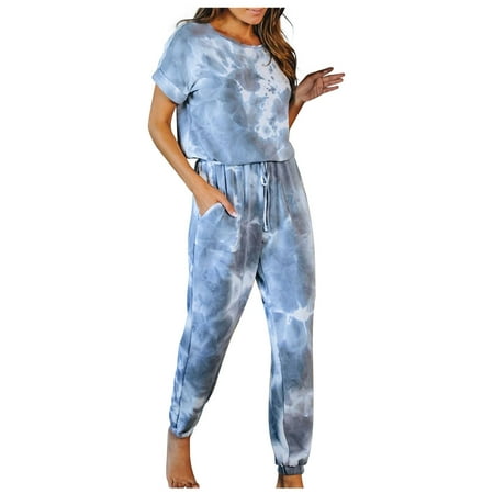 

Women’s Tie Dye Printed Pajamas Set Long/Short Sleeve Tops with Long Pants Lounge Set Casual Two-Piece Sleepwear