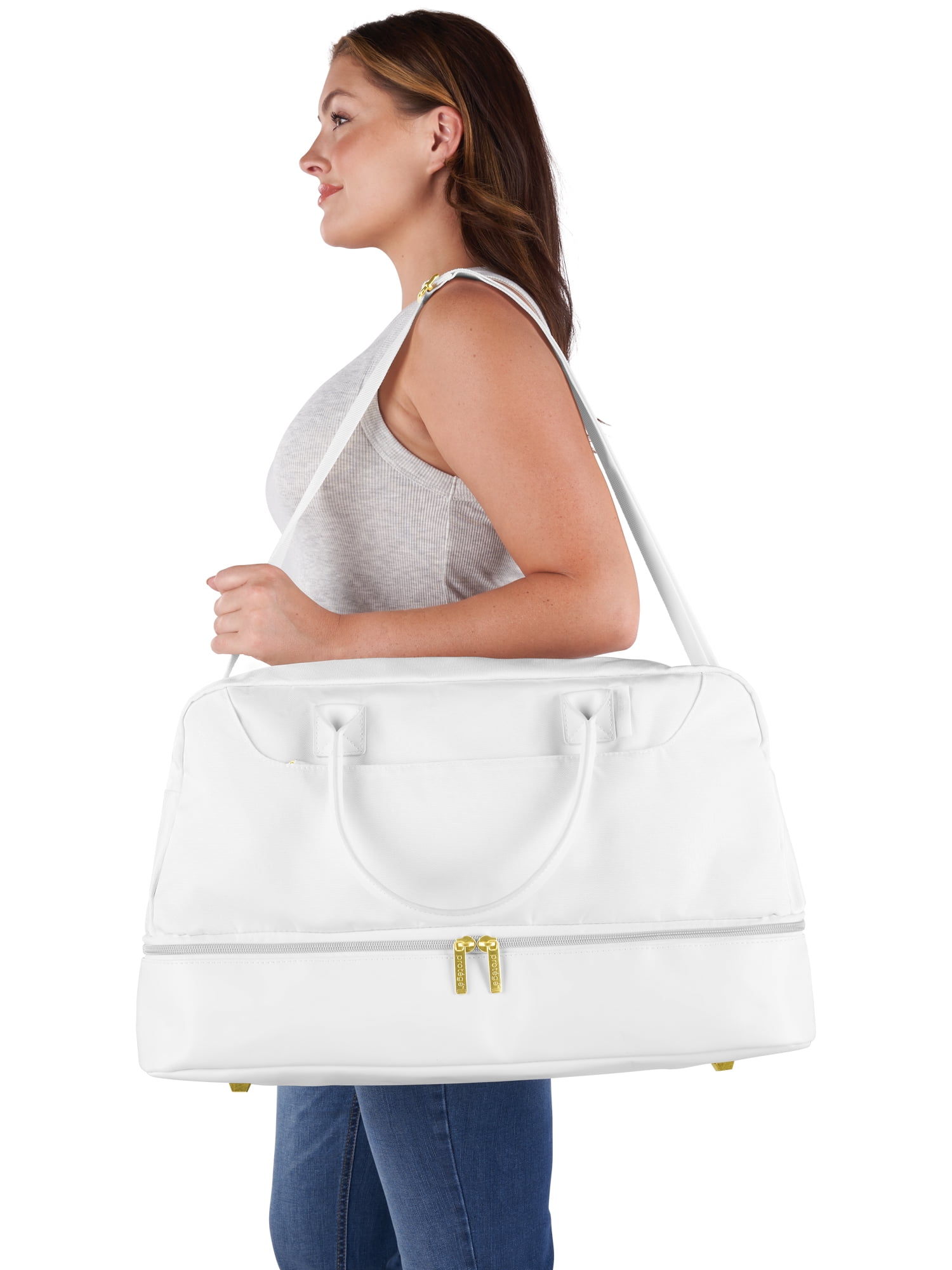 Protege 20” Drop Bottom Weekender Duffel Bag for Travel, Polyester Material, Carry-On Travel Bag, White