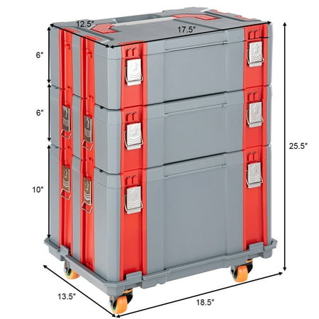 portable 3 in 1 rolling tool box set stackable abs tool