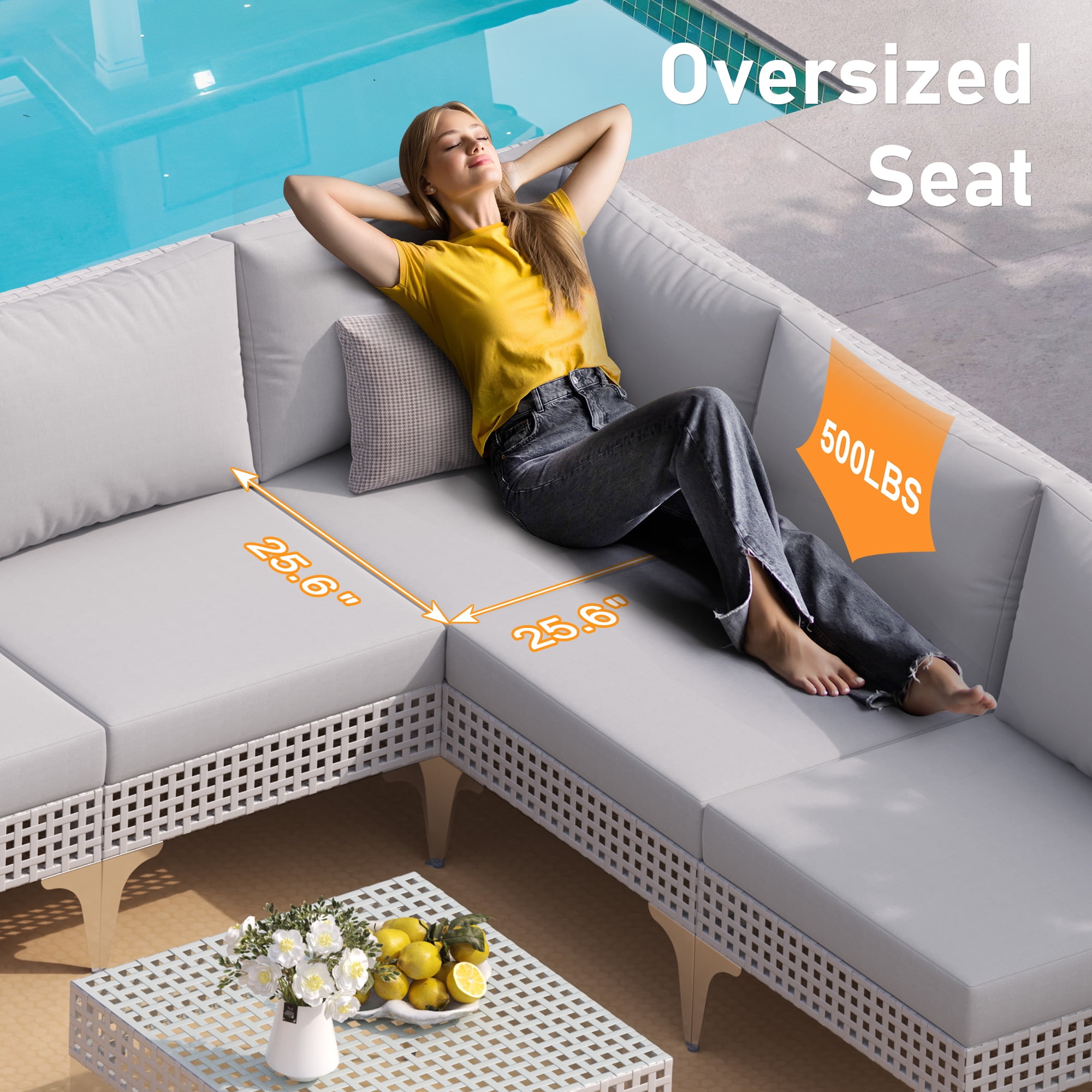 RADIATA 4 Pcs Patio Boho Furniture Sofa Sets with Light Gray Cushions , All-Weather White PE Wicker Outdoor Conversation Sets for Backyard, Deck, Patio Sofa Sectional