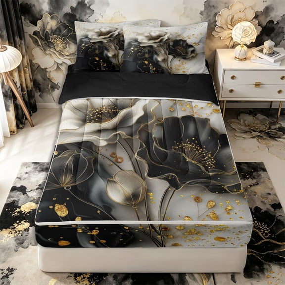 Castle Fairy Luxury Ink Gold Floral Art Zipper Twin Comforter Sets with Fitted Sheet and 2 Pillowcases,Black White Flower Glitter Splash Layout Zipper Bedding Set,Gold Gray,Black Reversible,4-Piece