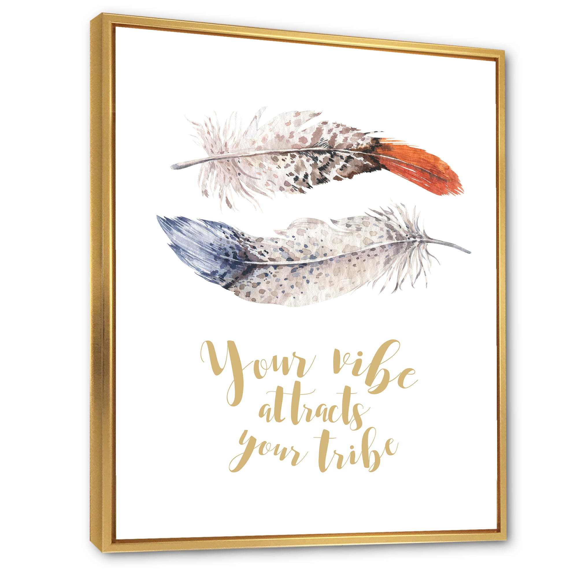 Designart 'Your VIbe Attracts Your Tribe Two Feathers ' Bohemian & Eclectic Framed Canvas Wall Art Print