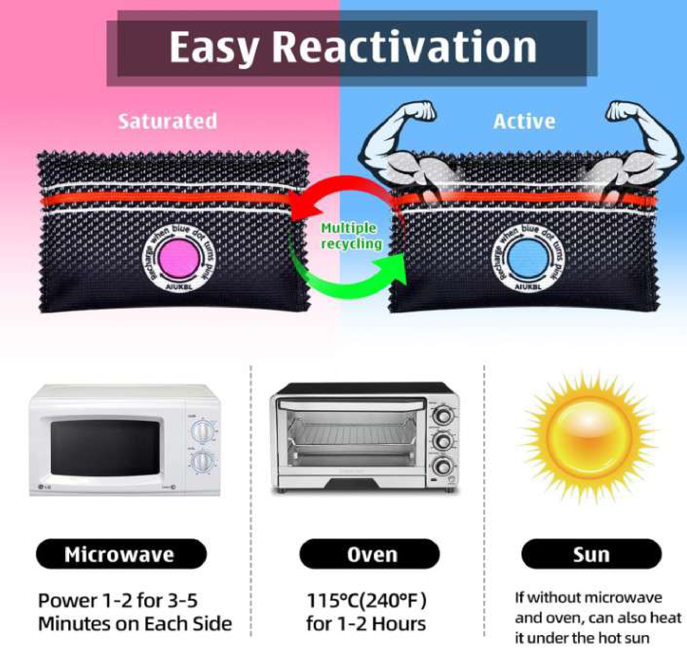 6 PACK! Reusable 120g Silica Gel Dehumidifier Bags, Dry Gun Safe Closet Car RV Cabinet Luggage Color Changing Rechargeable Desiccant, Black 6pcs