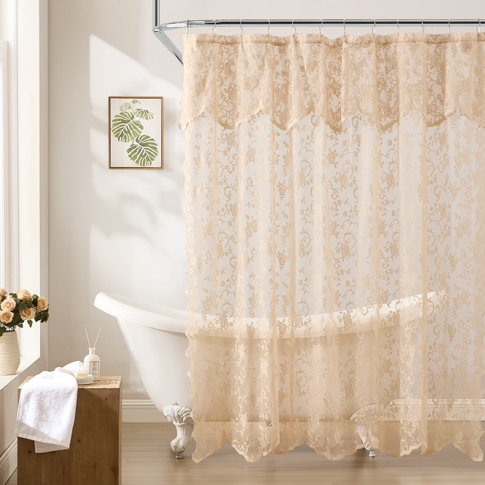 THD Harpy Lace Shower Curtain for Bathroom with Floral Vine Design and Attached Valance – Elegant Victorian Classic Style (Linen Taupe, 72 x 72 Inch)