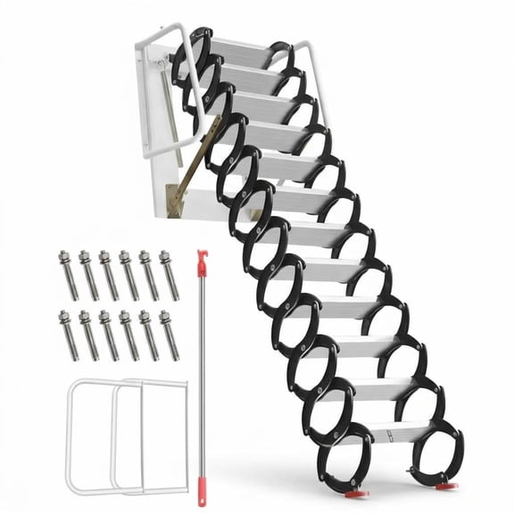 12 Steps Wall-Mounted Attic Ladder, Folding Stairs with Handrails Iron Material 1100 Lbs Load Capacity for Attic Garage Roof