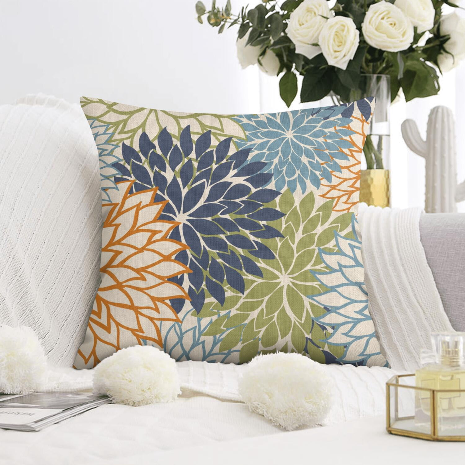 Set Of 4 Floral Art Modern Classic Pillow Covers 20x20 Inch Linen Decorative Square Throw Pillow Covers for Living Room Sofa Couch Decoration