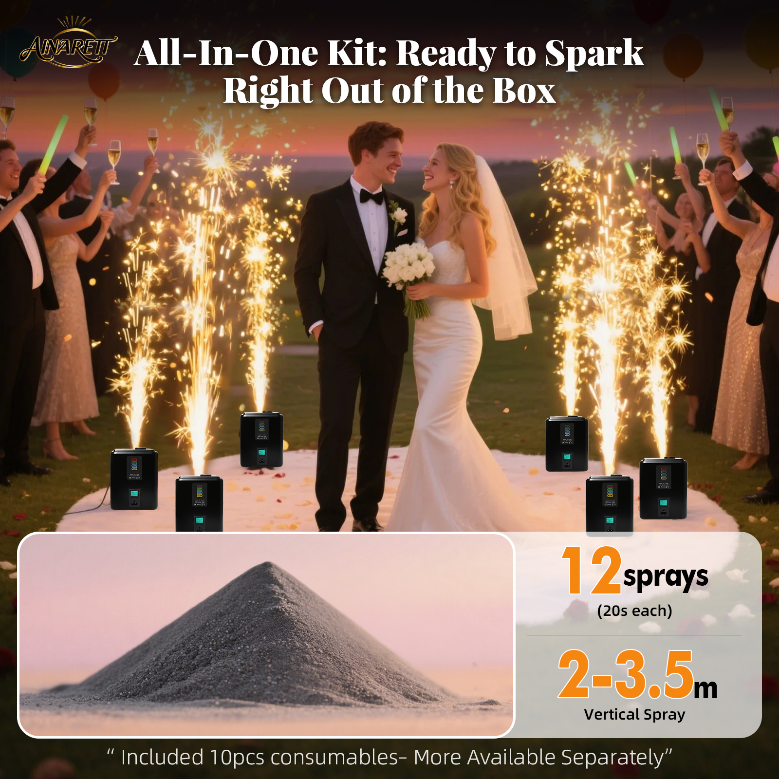2PCS 350W Mini Cold Spark Machine, 2-3.5m Fountain Effect Portable Device with Auto Safety Cutoff - for Stage Wedding Party Events(Include 10pcs Consumables)