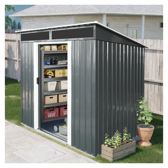 6ft x 5ft Outdoor Metal Storage shed with Lockable Sliding Doors and Transparent plate for Garden, Lawn (Black and White)