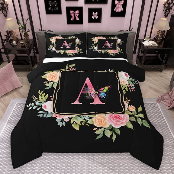 Homewish Black Pink Monogrammed Bedding Comforter Set, Cartoon Initial A Letter Twin Comforter Sets, Rose Flower Butterfly Reversible Bedding Set, Breathable Home Decor, 2 Pieces