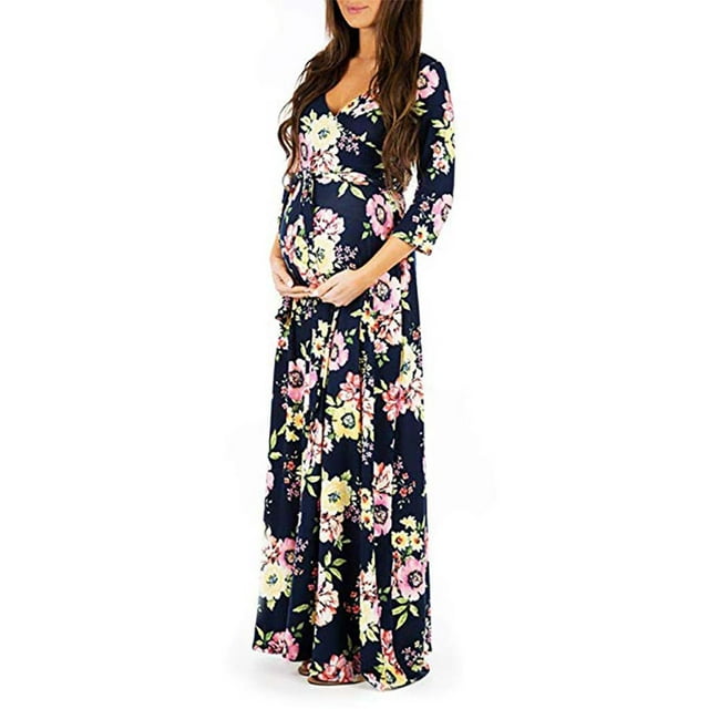 Robe Portefeuille de Maternité à Imprimé pour Femme avec Ceinture Ajustable, Robe de Grossesse Multifonction