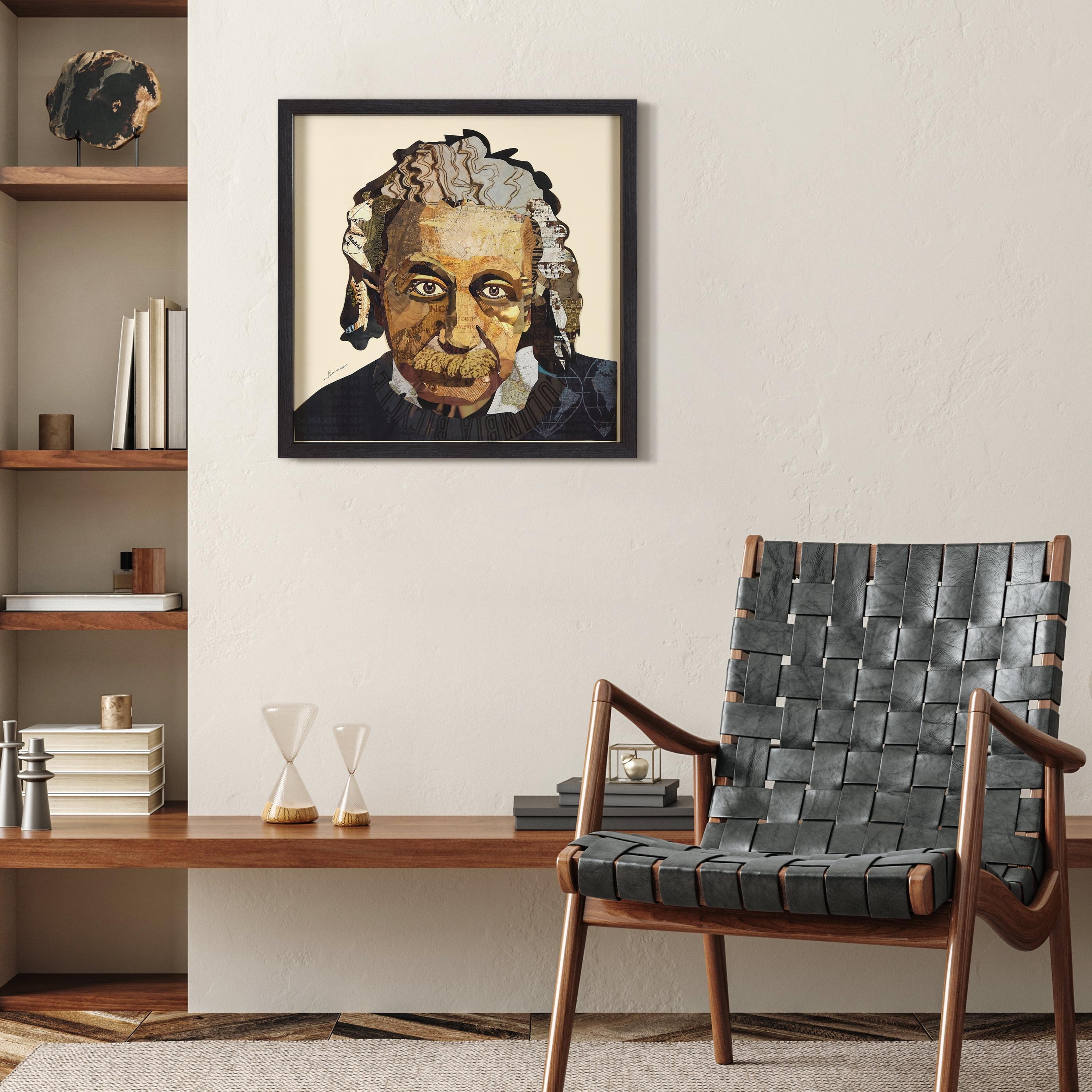 "Einstein" Alex Zeng’s dimensional collage, under glass & a black shadow box frame