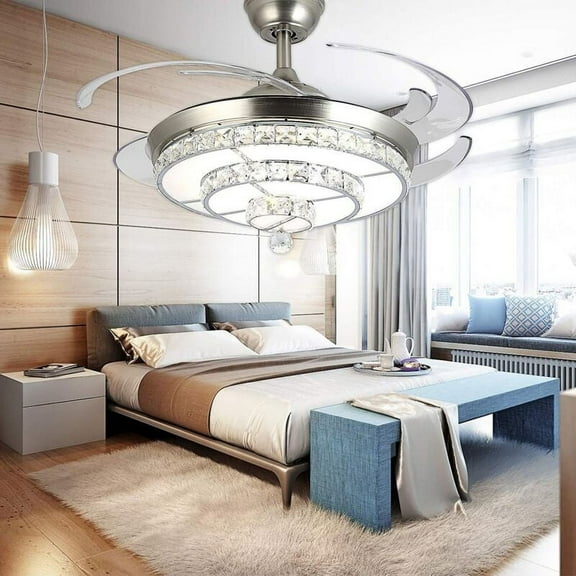 EAYSG 42'' Crystal Ceiling Fans with Lights,LED 3 Color Remote Control Retractable Invisible Blades 3 Speeds Indoor Ceiling Light with Fans