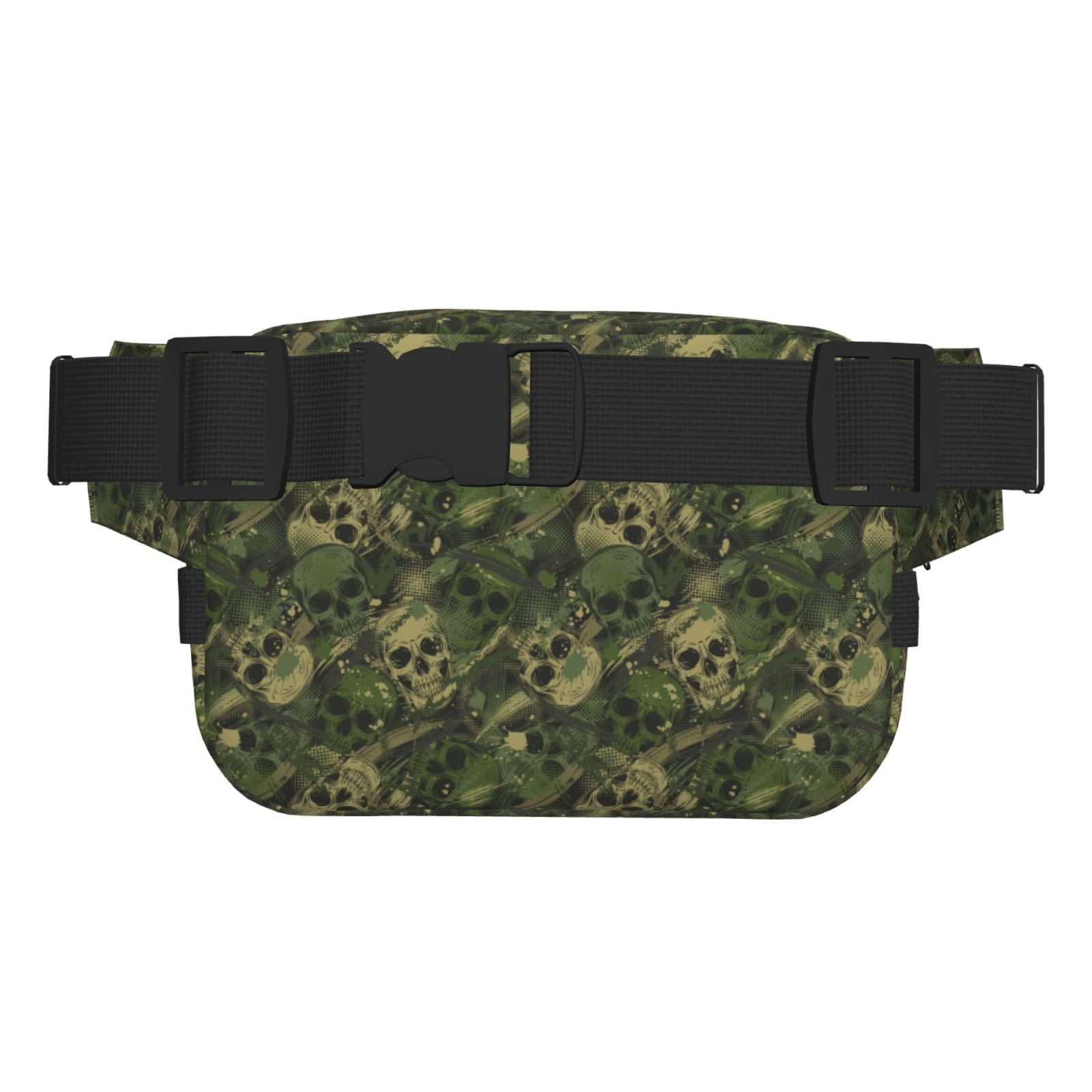 Rateoe Green Camouflage Skull Print Fanny Pack Belt Bag for Women and Men, Square Double-Layer Waterproof Waist Pack with Adjustable Strap for Hiking, Jogging, Cycling