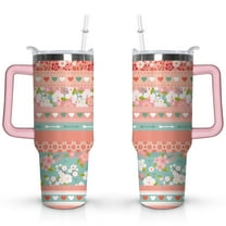 40oz Boho Patchwork Tumbler with Handle Lid and Straw,Bohemian Style Colorful Floral Tumblers Gifts for Women Girls Men Adults（Pink）