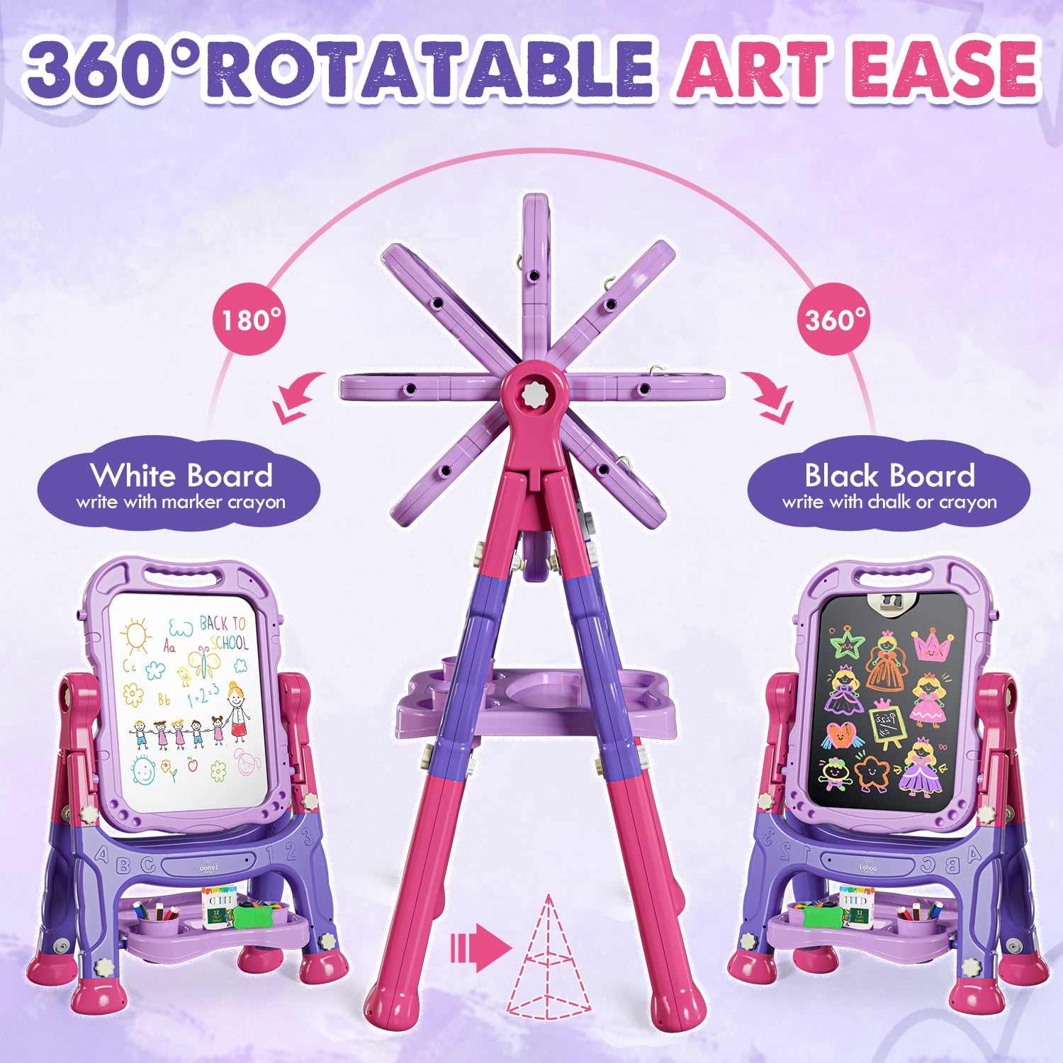 Easel for Kids, Kids Easel 4 in 1 Rotatable Double Sided Adjustable Standing Art Easel Drawing Board White Board Chalkboard for Toddlers Boys Girls with Painting Accessories - Purple