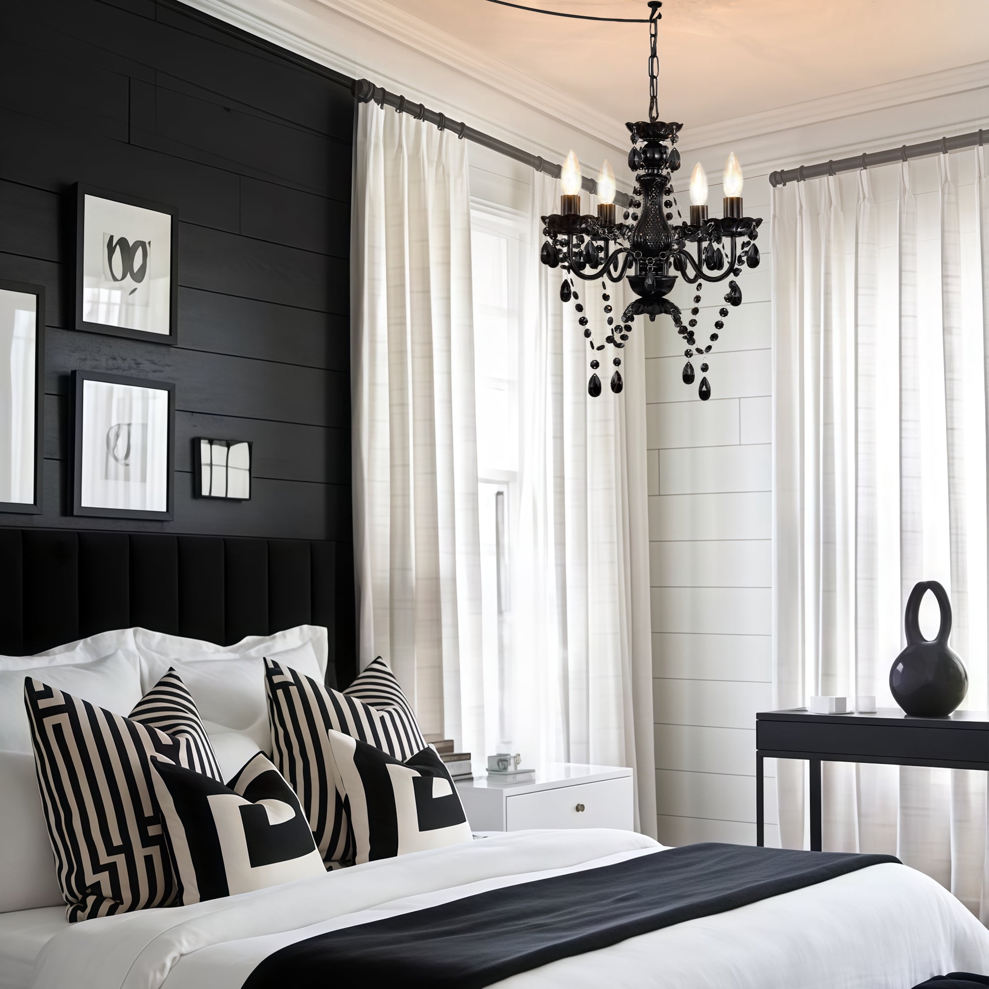 Plug in Crystal Chandelier 4-Light Black Small Chandelier Ceiling Light Fixture with 20ft cord for Bedroom
