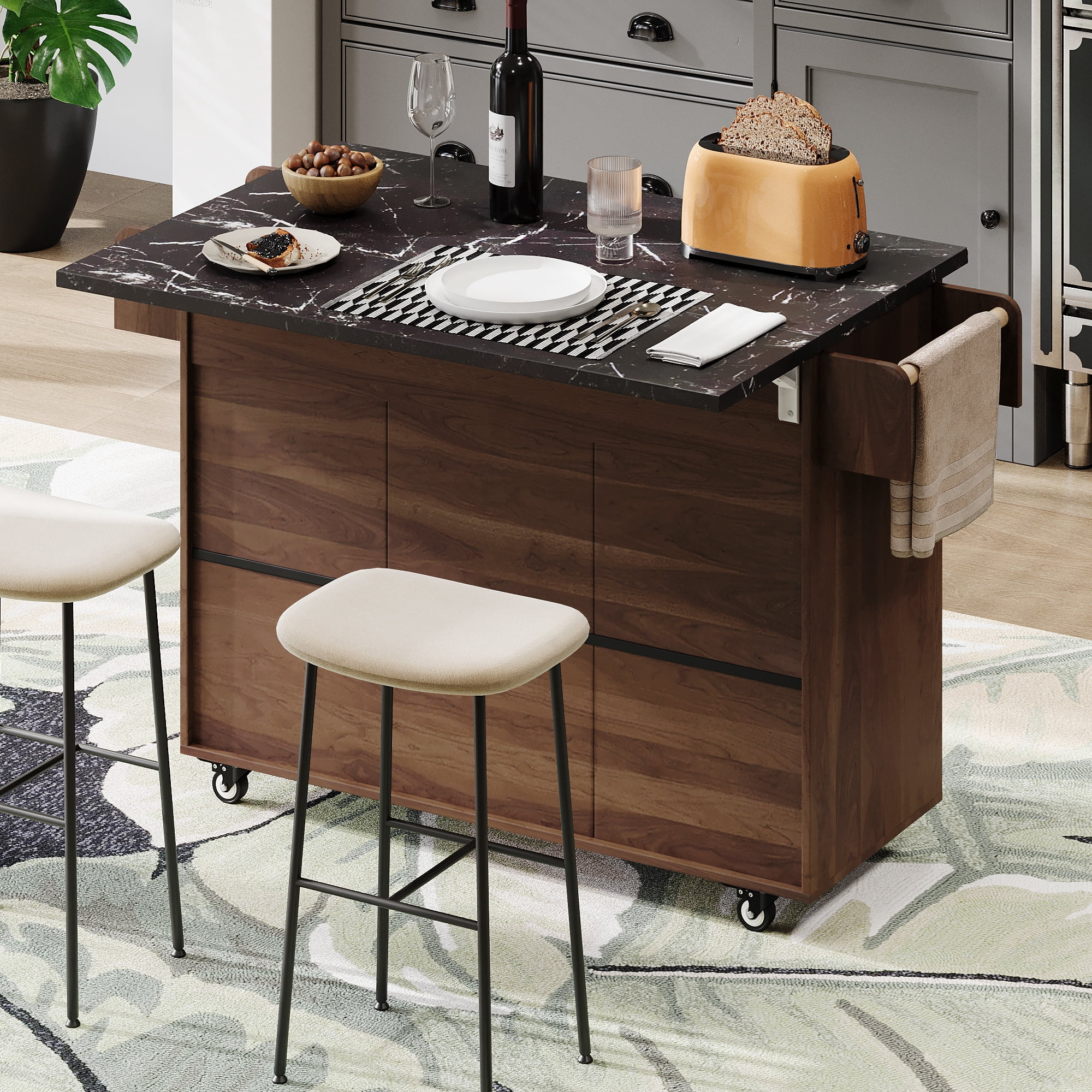 Yoneston Rolling Kitchen Island with Trash Can and Drop Leaf, Kitchen Storage Cart with Spice & Towel Rack and 2 Drawers 3 Doors for Kitchen, Dining Room, Brown