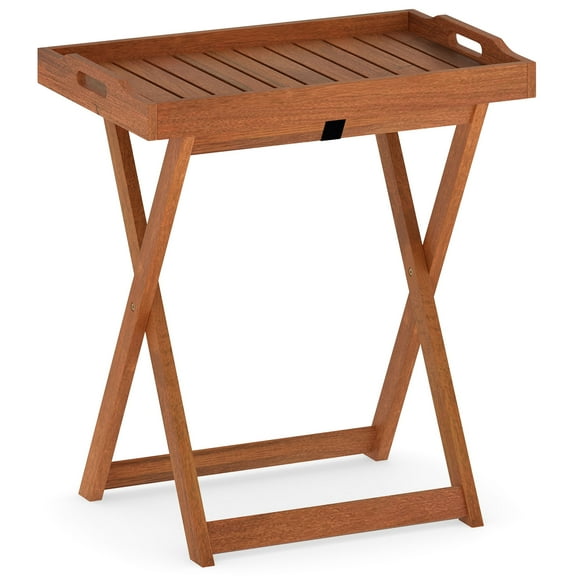 Gymax Patio Solid Wood Tray Table w/ Removable Top Rectangular TV Tray Bistro Table