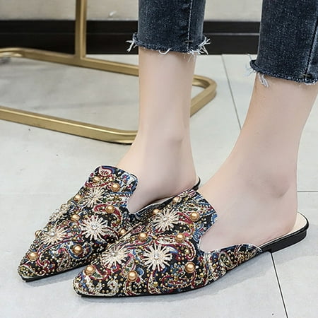 

Christmas Fashion Summer And Autumn Women Pumps Low Heel Flat Pointed Toe Pearl Rhinestone Colorful Print Half Slippers Mules