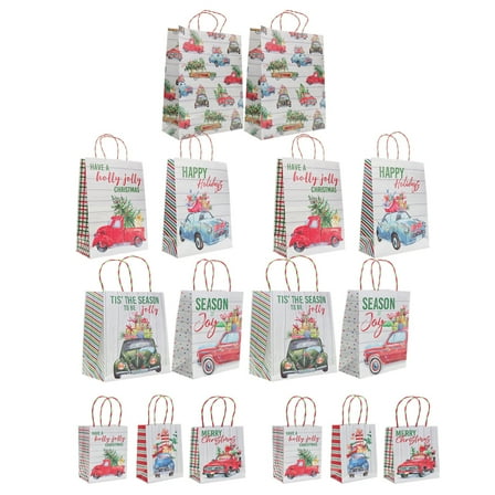 Christmas Printed White Kraft Gift Bag Assortment, Truck Series, 16 Pack