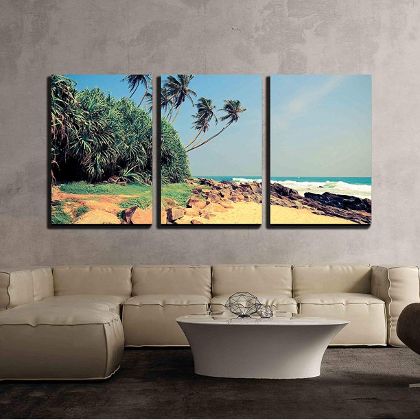 wall26 3 Piece Canvas Wall Art Tropical Beach with Palm in Sri