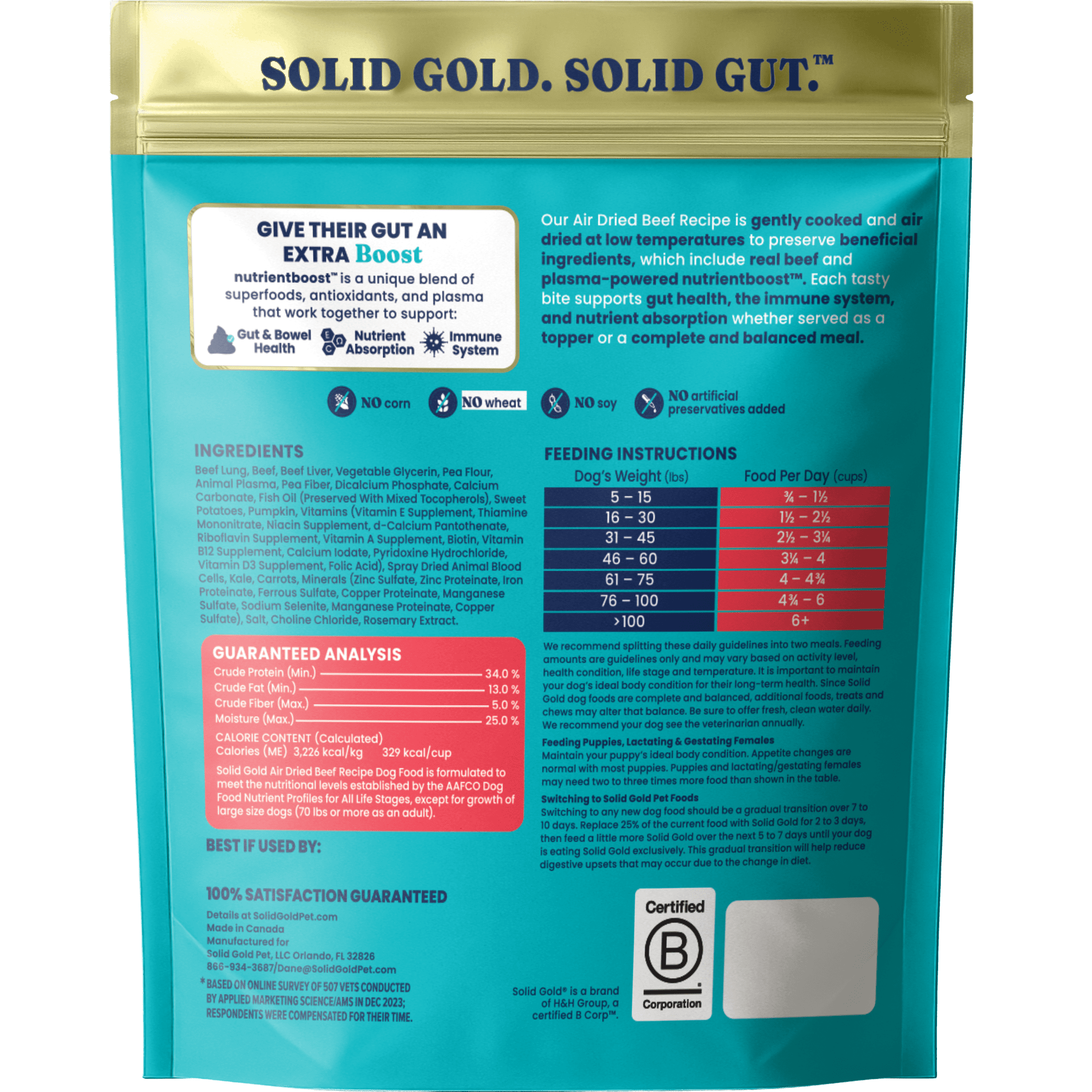 Solid Gold Air Dried Topper Complete and Balanced Meal Topper for Dogs, Beef 2 LB