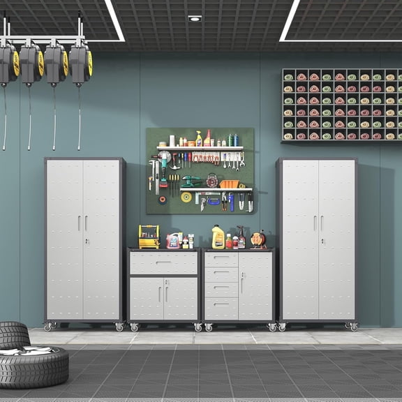 IKIMI 4-Piece Garage Storage Cabinet Set, Garage Storage Cabinets System Workshop Set with Drawers, 2 * Tall Garage Storage Tool Cabinets and 2 * Tool Cabinet with Wheels - Gray