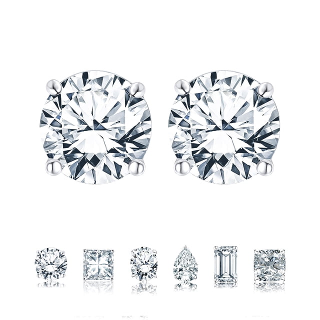 Pendientes de Tuerca Estilo Solitario JeenMata con Moissanita Redonda de 1 Quilate Chapado En Oro Blanco de 18 K sobre Plata