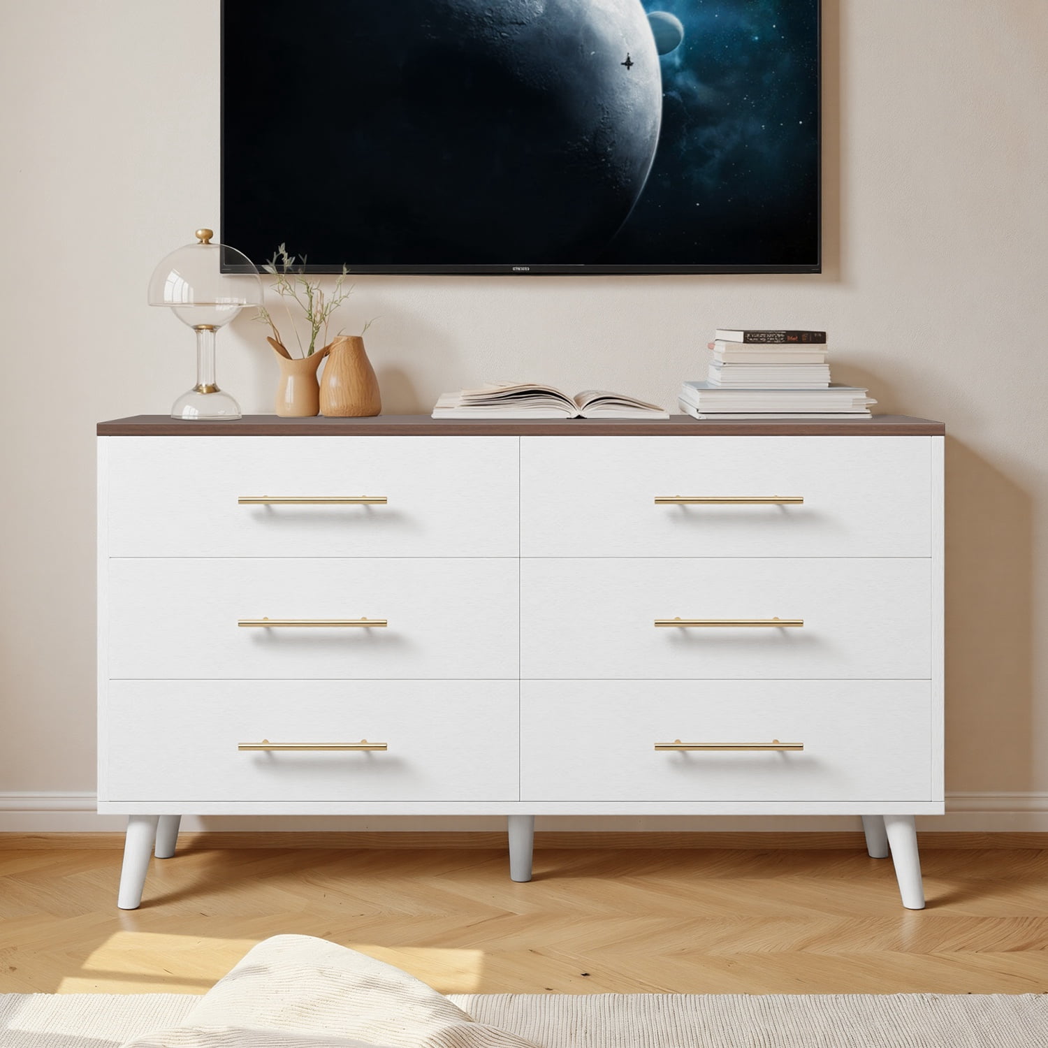 Noelse 6 Drawer Dresser with Metal Handles, Modern Storage Chest TV Stand for Bedroom, Rustic White