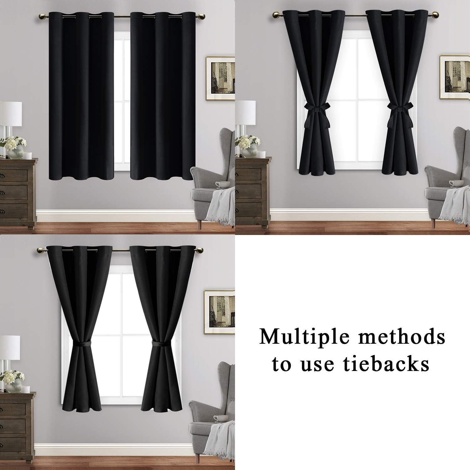 JIUZHEN Black Blackout Curtains for Bedroom with Tiebacks - Thermal Insulated Light Blocking Grommet Window Curtains for Living Room, 38 x 54 inch Length, Set of 2 Panels