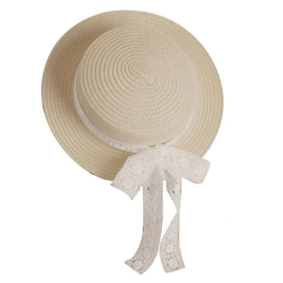 Toddler Kids Woven Straw for Sun Hat with Lace Ribbon Bow Floppy Sunscreen Beach