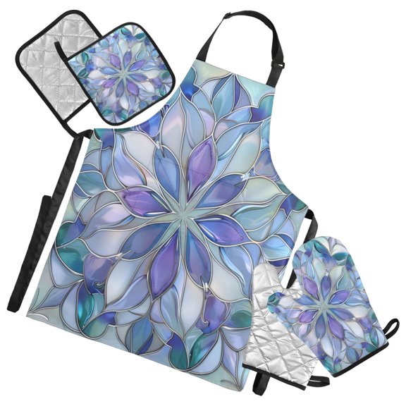 5 Pcs Kitchen Set Heat Resistant Oven Mitts and Non-Slip Pot Holders with Adjustable Cooking Apron Purple Blue Floral Stained Glass