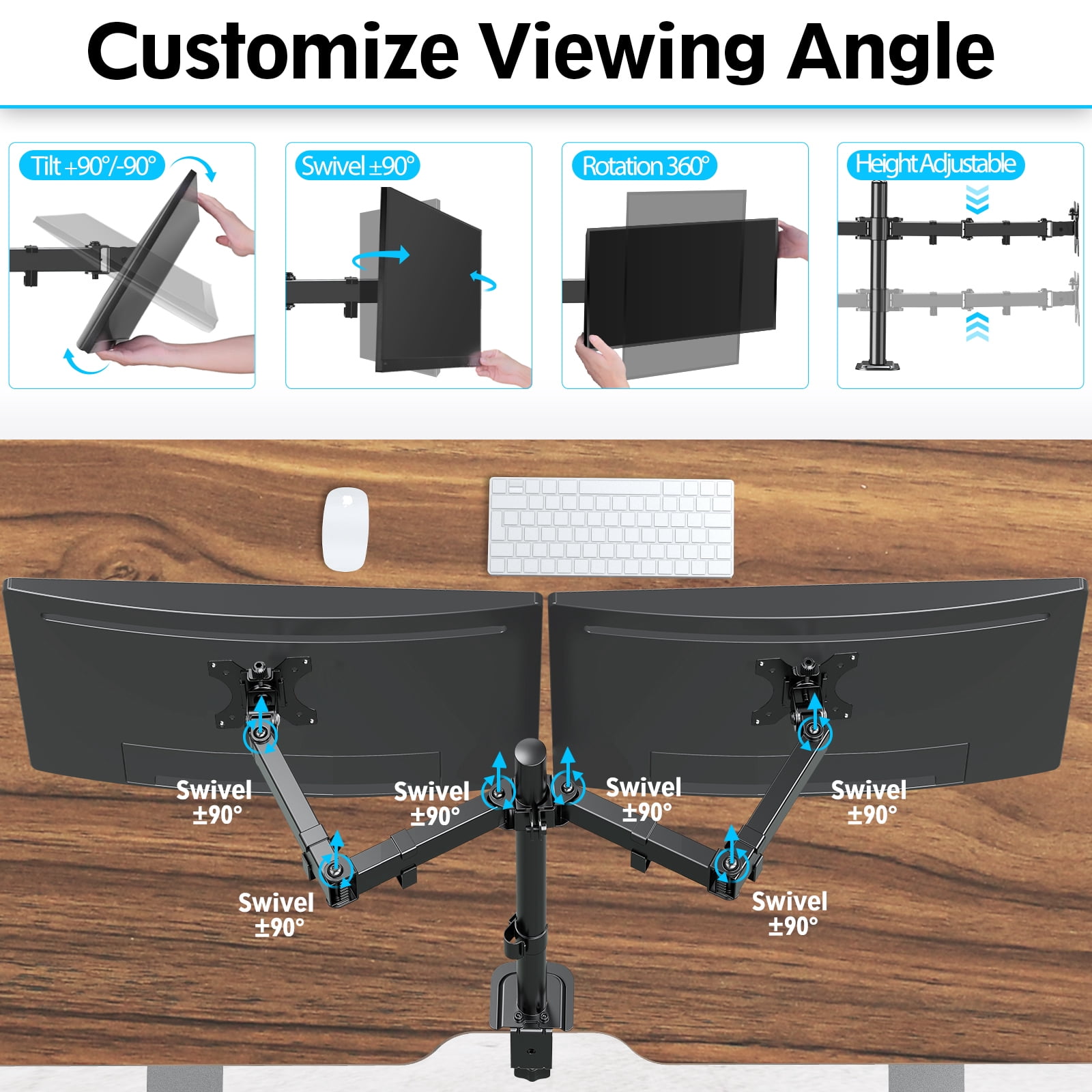 HOMOUNT Dual Monitor Desk Mount for Max 32 Inch, Adjustable Dual Monitor Arm for 2 LCD Screens, Monitor Stand with C-Clamp and Grommet Base, up to 17.6lbs