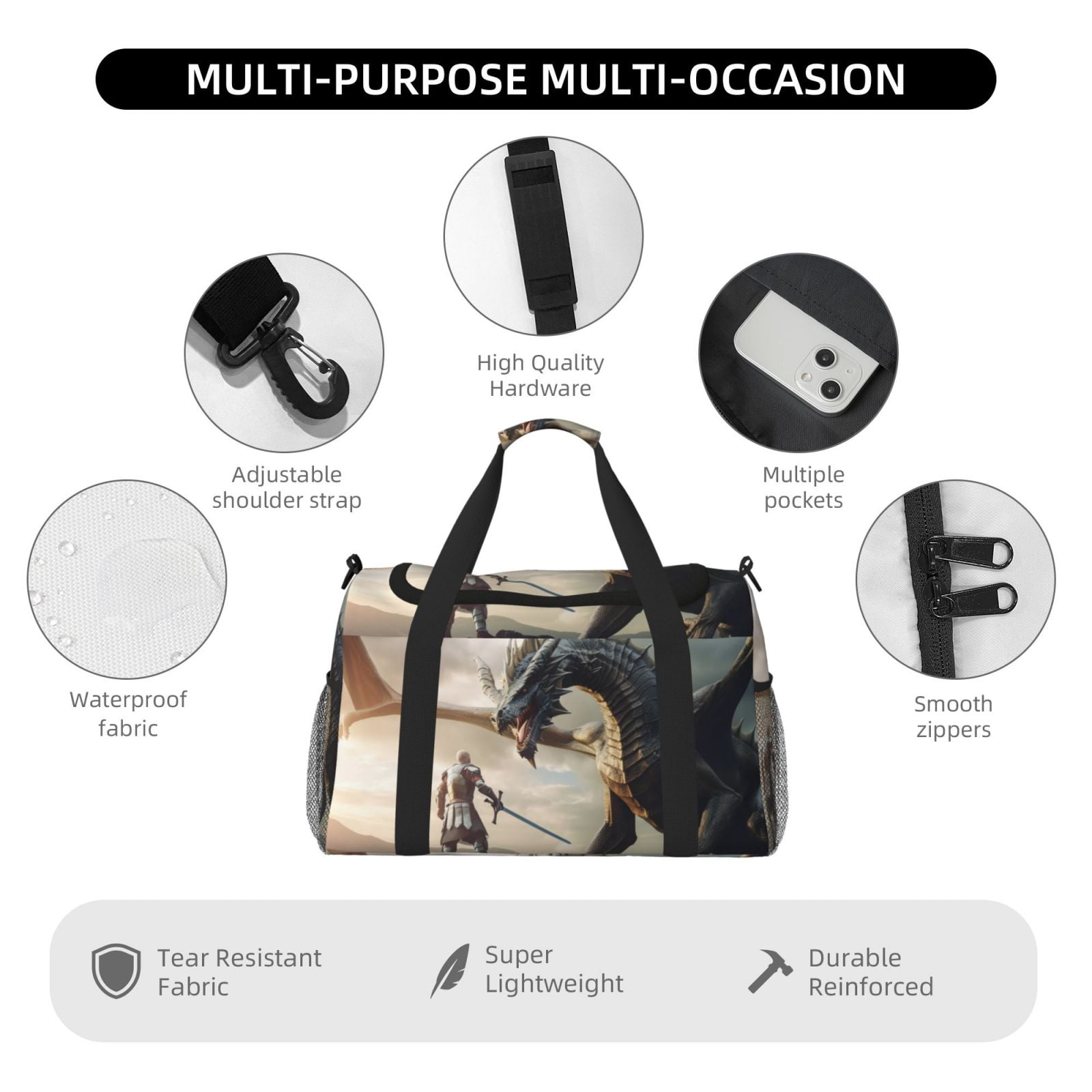 Fuzoiu Swordsman Cool Dragon Print Travel Duffle Bag,Carry On Tote Bags,Duffel Bag,Sport Gym Bag, Hospital Bag for Labor and Delivery, Overnight Bag,Luggage Bag