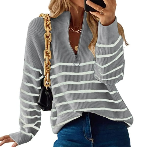 Women Fall Winter Half Zip Striped Pullover Sweaters Trendy V Neck Oversized Long Sleeve Knit Clothes Grey L